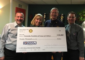 Elizabeth Rowley, President & CEO of the Community Foundation of Orange and Sullivan visited a recent meeting of the Liberty Rotary Club and is joined by officers Gary Siegel, Gary Silver and Gary Silverman, to accept the seed money for the fund.